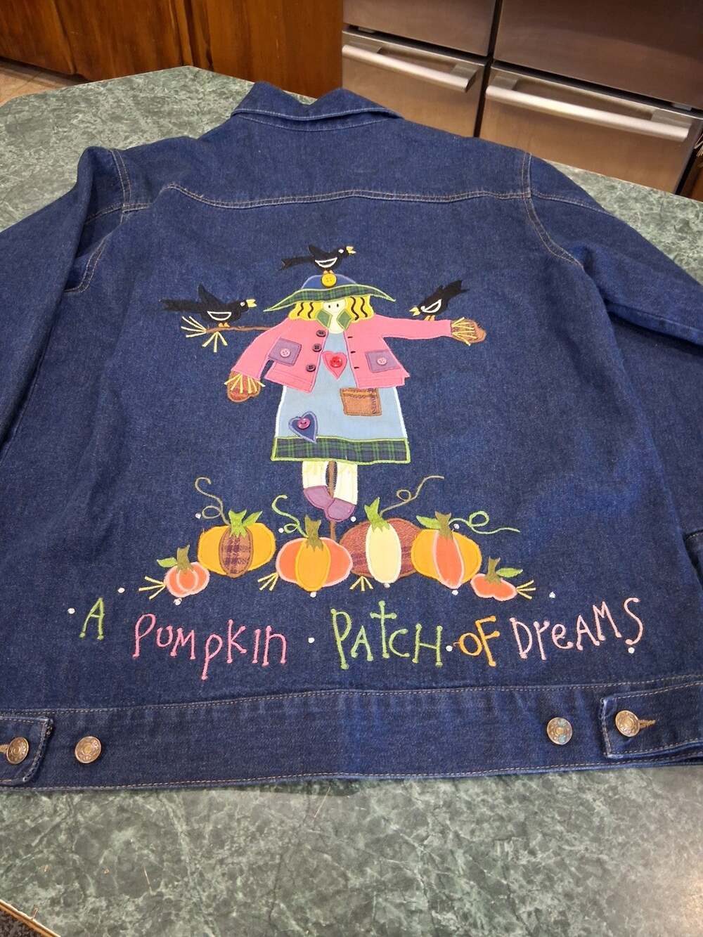 VTG Quacker Factory Embroidered Patchwork Denim Scarecrow Pumpkin Denim Jacket M